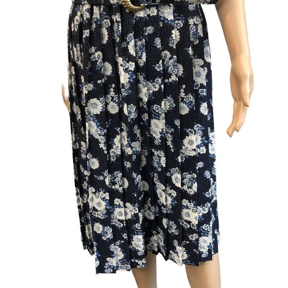 Vintage 80s Navy Blue Floral Print Pleater Belted Button Up Dress - Picture 6 of 9